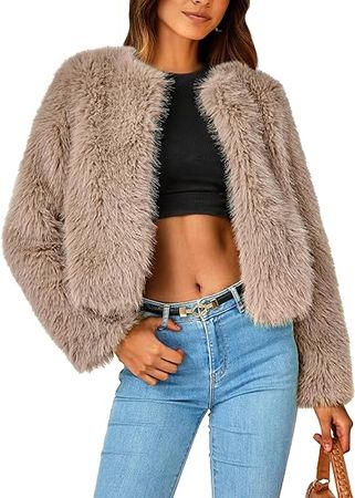 PRETTYGARDEN Women's 2024 Winter Coats Fleece Cropped Jacket Faux Fur Long Sleeve Pockets Shaggy Warm Outerwear Fall Clothes (Khaki,Small) at Amazon Women's Coats Shop