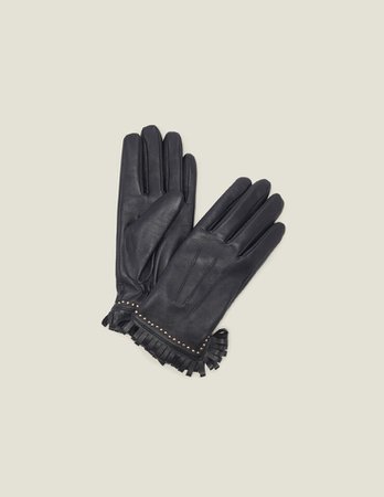 Leather Gloves With Studs And Fringing SFABO00186 Black - Gloves & Hats | Sandro Paris
