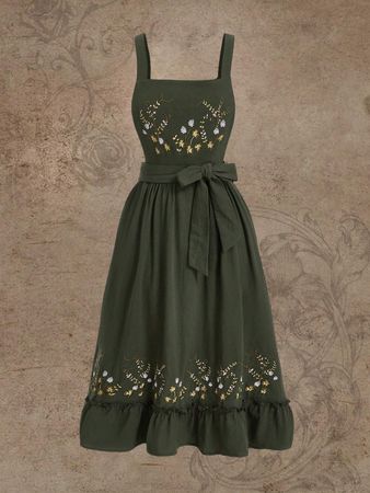 Fairycore Floral Embroidery Ruffle Hem Belted Dress | SHEIN USA