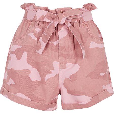 Pink camo paperbag denim shorts | River Island
