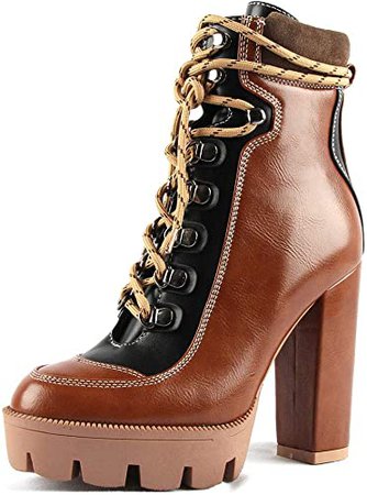 Amazon.com | Vimisaoi Women's High Chunky Heels Lace Up Zipper Platform Ankle Booties Autumn Winter Combat Martin Boots | Ankle & Bootie