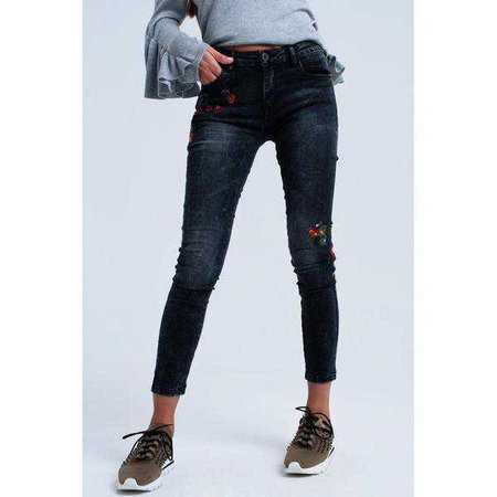 Fashiontage - Black Skinny Flower Print Jeans - 940372066365