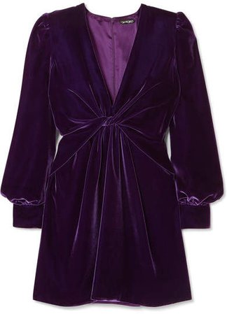 Twist-front Velvet Mini Dress - Purple
