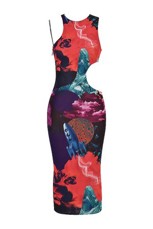 Mistress Rocks 'Glory' Collage Print Mesh Cutout Midi Dress