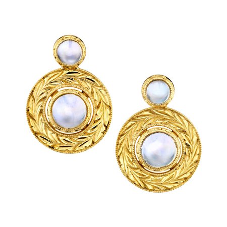 Rainbow Moonstone Handmade Yellow Gold Engraved Bezel Round Drop Post Earrings For Sale at 1stDibs