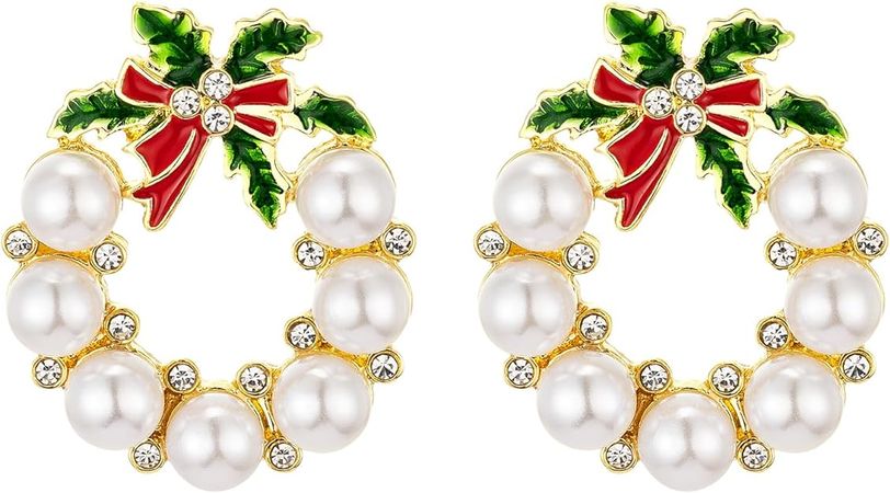Amazon.com: Vanjewnol Gold Christmas Wreath Stud Earrings for Women Girls, Simulated Pearl Hoop Drop Earrings Christmas, E01N: Clothing, Shoes & Jewelry