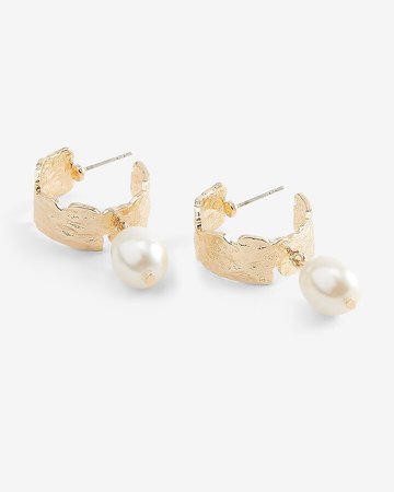 Gold Leaf Pearl Hoop Earrings