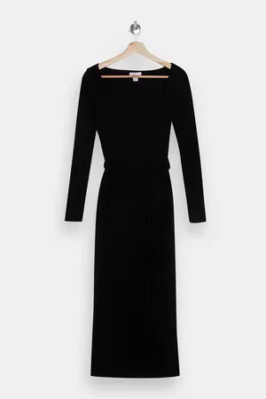 Black Jersey Midi Ribbed Belted Bodycon Midi Dress | Topshop