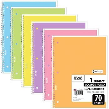 Amazon.com : Mead Spiral Notebook, 6 Pack of 1-Subject College Ruled Spiral Bound , Pastel Color Cute school Notebooks, 70 Pages : Office Products