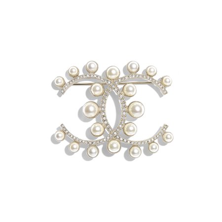 Brooch - Metal, glass pearls & strass, gold, pearly white & crystal —  Fashion