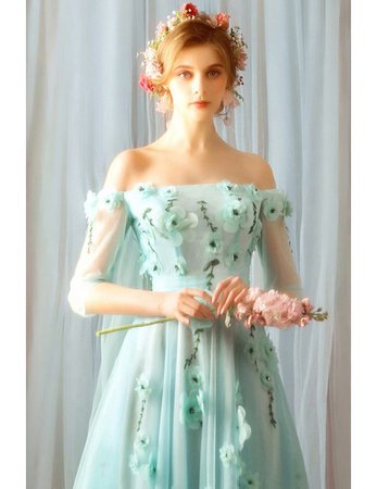 Fairy Light Green Off Shoulder Flowers Prom Dress Long Tulle With Train Wholesale #T79013 - GemGrace.com