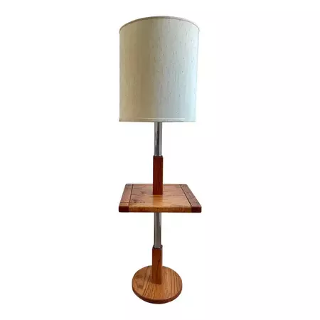 Vintage Mid 20th Century Stiffel Oak and Chrome Floor Lamp With Square Table Top | Chairish