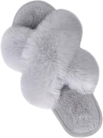 Amazon.com | Women's Cross Band Slippers Soft Plush Furry Cozy Open Toe House Shoes Indoor Outdoor Faux Rabbit Fur Warm Comfy Slip On Breathable Grey 7-8 | Slippers