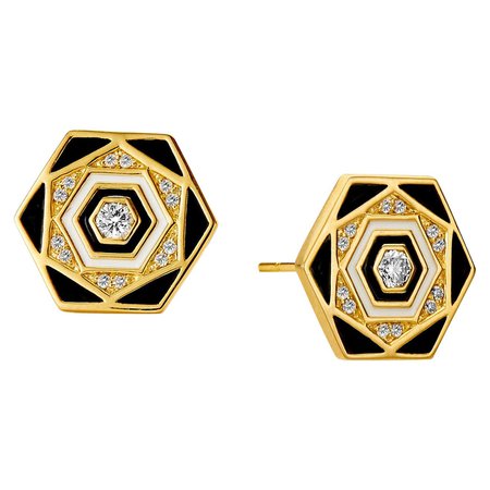 Syna Yellow Gold Black and White Enamel Hex Earrings with Champagne Diamonds For Sale at 1stDibs