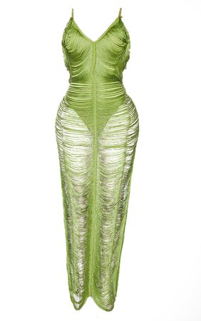 Shape Olive Fringe Detail Midaxi Dress | PrettyLittleThing USA