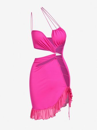 Women's Sexy Club Night Out Skew Collar Cut Out Mesh Flounce Hem Slinky Mini Asymmetric Dress In LIGHT PINK | ZAFUL 2023