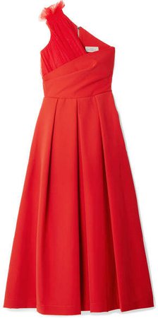 One-shoulder Tulle-trimmed Stretch-cady Midi Dress - Red