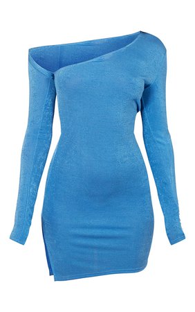 Blue Asymmetric Neck Long Sleeve Bodycon Dress | PrettyLittleThing USA