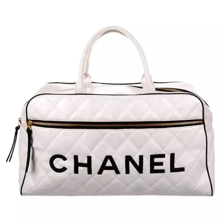 Chanel Limited Edition Vintage Duffel Tote White and Black Leather Weekend Bag For Sale at 1stDibs