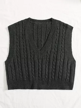 Cable Knit V-neck Sweater Vest | SHEIN USA Dark Grey