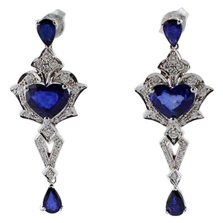 Handcrafted Vintage Earrings Blue Sapphires, Diamonds, 14 Karat White Gold For Sale at 1stDibs | white gold earrings, 14k white gold earrings