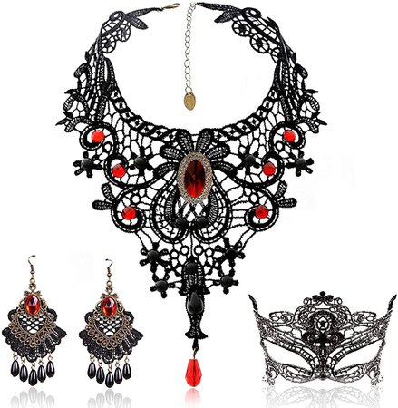 Amazon.com: Black Lace Necklace and Earrings Set, BagTu Gothic Lolita Red Pendant Choker for a Halloween Costume and Wedding: Clothing