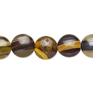Bead, tiger iron and tiger zebra iron (natural), 12mm puffed flat round, B grade, Mohs hardness 7. Sold per 8-inch strand, approximately 15 beads. - Fire Mountain Gems and Beads