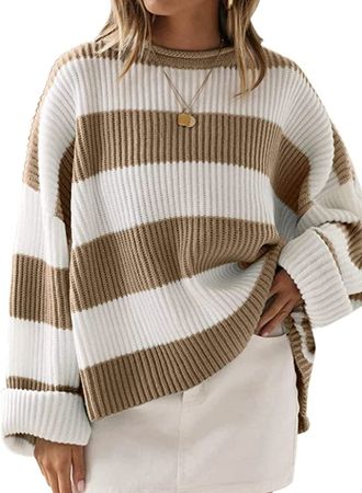 ZESICA Women's Long Sleeve Crew Neck Striped Color Block Comfy Loose Oversized Knitted Pullover Sweater,GreyGreen,Medium at Amazon Women’s Clothing store