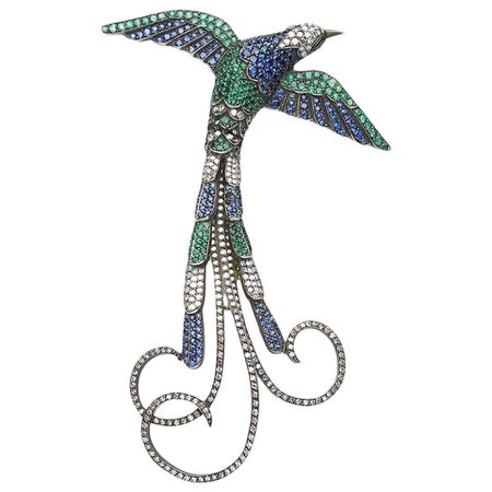 Bird of Paradise Sapphire Emerald Diamond Silver Set on Gold Brooch