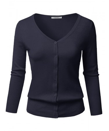Women's Solid Button Down V-Neck 3/4 Sleeves Knit Cardigan | 19 Navy