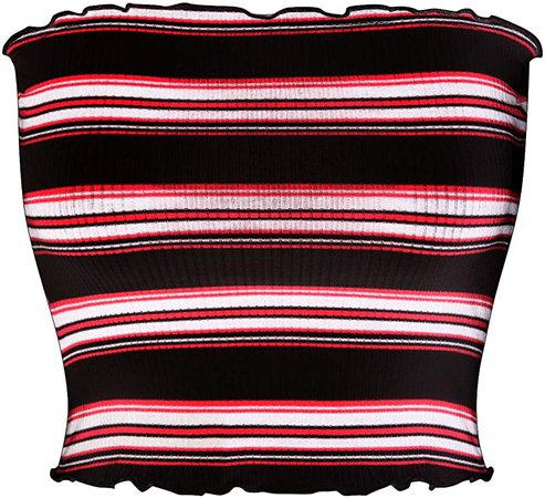 MixMatchy Women's Striped Print Ruffled Edge Ribbed Knit Crop Tube Top at Amazon Women’s Clothing store