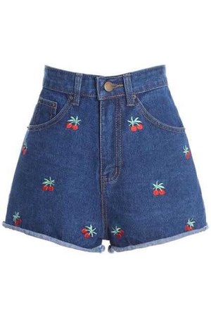 Cherry Embroidered Pocketed Blue Shorts