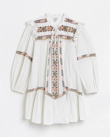 Cream embroidered smock mini dress | River Island