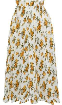 Golden Floral-print Plisse Crepe De Chine Midi Skirt