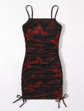 Chinese Dragon Print Drawstring Ruched Side Dress