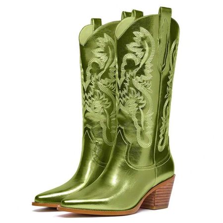 GOSERCE Western Embroidered Metallic Cowboy Mid Calf Boots | SHEIN USA