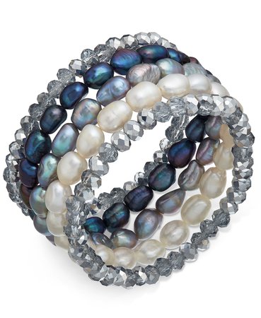 Macy's 5-Pc. Set White, Gray & Peacock Cultured Freshwater Baroque Pearl and Rondel Crystal Stretch Bracelets