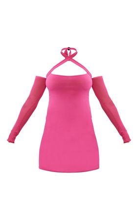 Hot Pink Slinky Strap Detail Mesh Sleeve Bodycon Dress | PrettyLittleThing USA