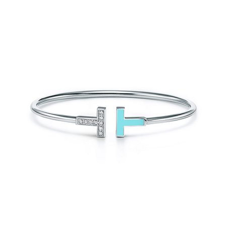 Tiffany T diamond and turquoise wire bracelet in 18k white gold, medium. | Tiffany & Co.
