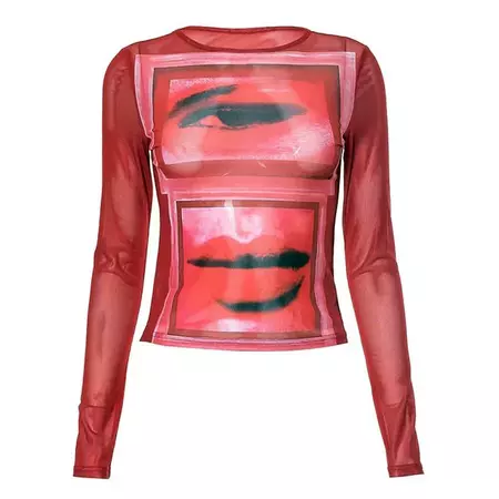 Eye & Lips Print Mesh Top in Red - Grunge Clothes - BOOGZEL – Boogzel Clothing