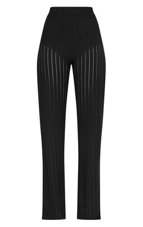 Black Mesh Stripe High Waisted Wide Leg Trousers | PrettyLittleThing