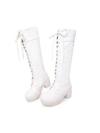 White lace up calf boots