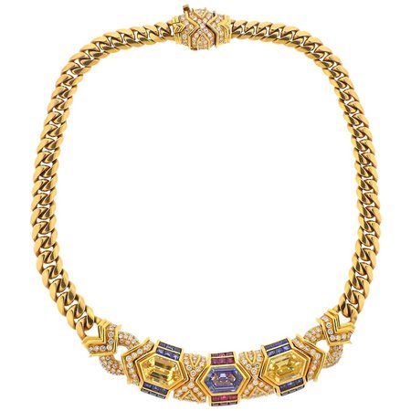 Bulgari 1980s Blue Yellow Sapphire Ruby Diamond Gold Necklace