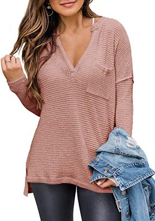 Women's V Neck Pullover Waffle Knit Henley Tops Casual Long Sleeve Sweater Blouses Grey Large at Amazon Women’s Clothing store
