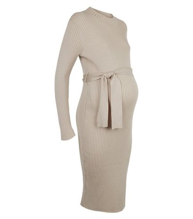 Maternity Cream Ribbed Tie Waist Dress | New Look