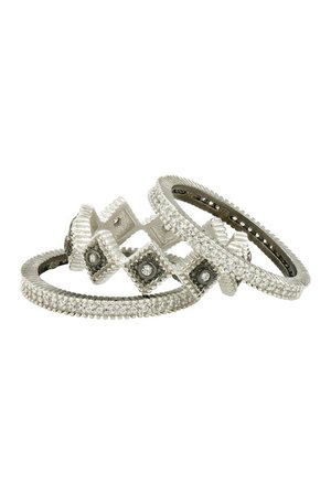 Freida Rothman | Two-Tone Rhodium Plated Sterling Silver Pave CZ Industrial Finish Geo Stacking Band Rings - Set of 3 | Nordstrom Rack