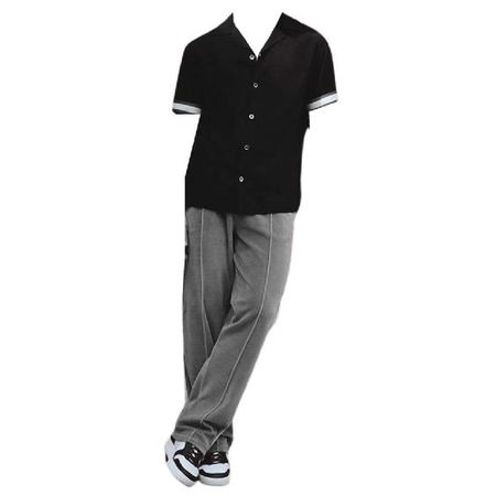 black white short sleeve button down up shirt gray velour track pants sneakers shoes full outfit png
