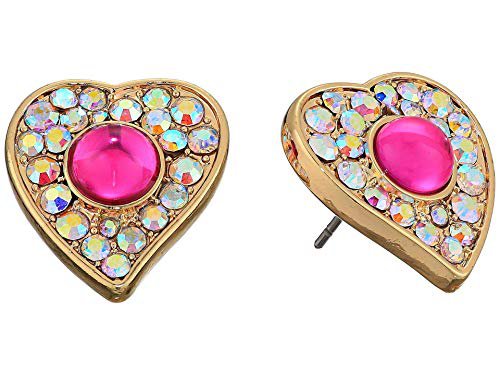 Betsey Johnson Pink and Gold Heart Stud Earrings Pink One Size: Clothing
