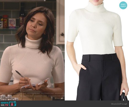 WornOnTV: Clem’s white ribbed turtleneck sweater and beige mini skirt on Fam | Nina Dobrev | Clothes and Wardrobe from TV