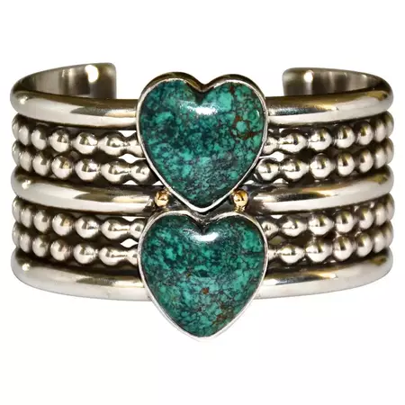 Mike Bird-Romero Sterling Silver Cuff Bracelet W/ Large Turquoise Hearts, 1993 For Sale at 1stDibs | mike bird romero jewelry, mike bird romero